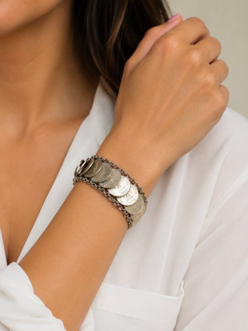 Vintage Trinidad Tobago 1 Cent Coin Link Bracelet Silver Tone Boho